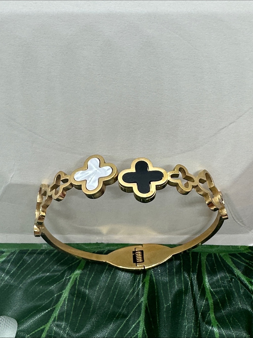 Gold Clover Bracelet with Black and White Inlay - Women Jewelry